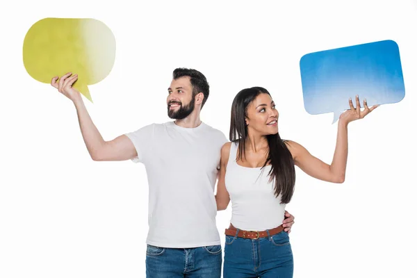 Pareja celebración de tarjetas de chat - foto de stock