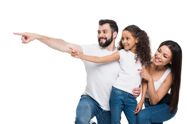 Family pointing away with fingers — Stock Photo