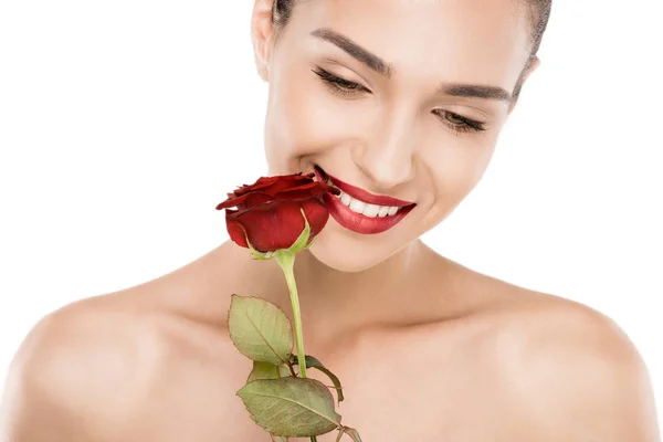 Donna con rosa rossa — Foto stock