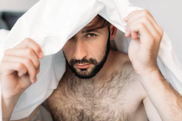 Handsome shirtless man under blanket — Stock Photo