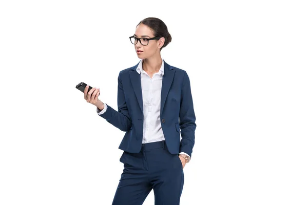 Journalist in suit holding recorder — Stock Photo