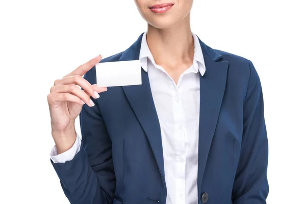 Empresaria sosteniendo tarjeta de visita vacía - foto de stock