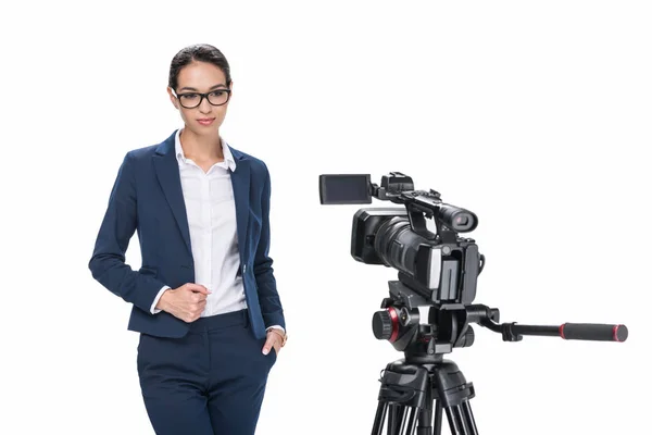 Newscaster standing in front of camera — Stock Photo