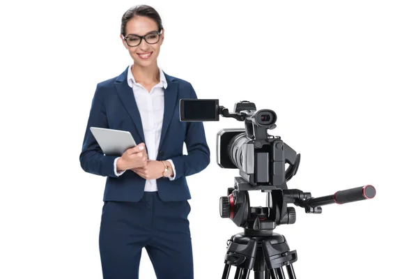 Newscaster with digital tablet — Stock Photo