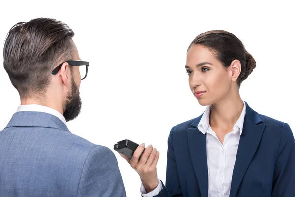 Journaliste en entrevue avec un homme d'affaires — Photo de stock