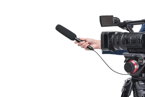 Video camera and hand with microphone — Stock Photo