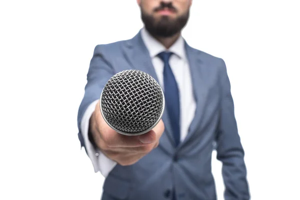 Journalist taking interview with microphone — Stock Photo