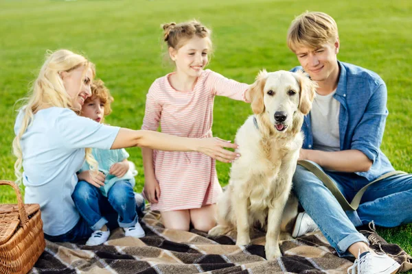 Семья с собакой на пикнике — стоковое фото