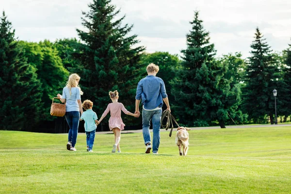 Famille avec chien promenade dans le parc — Photo de stock