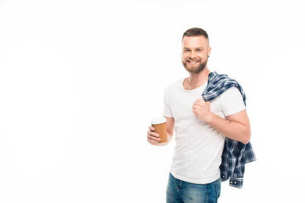 Uomo barbuto con tazza di caffè usa e getta — Foto stock