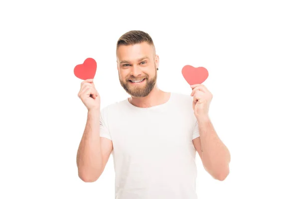 Homem barbudo com corações vermelhos — Stock Photo