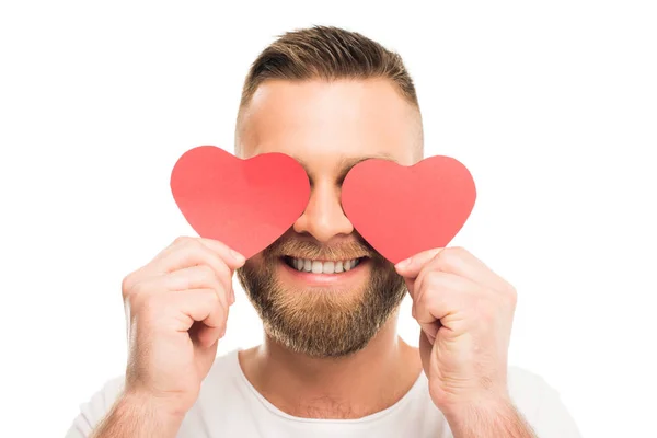 Homme barbu avec des cœurs rouges — Photo de stock
