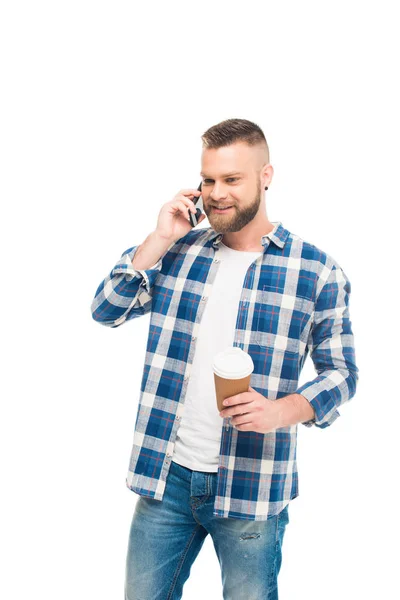 Homme barbu parler au téléphone — Photo de stock