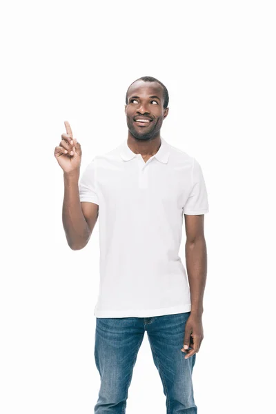 Hombre afroamericano señalando con el dedo - foto de stock