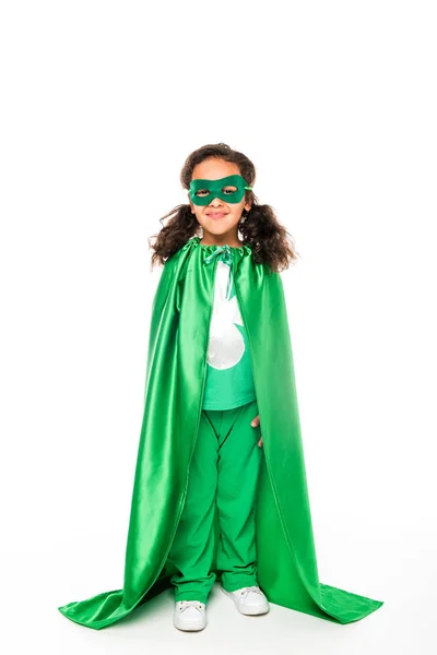 Superhero girl with green cape — Stock Photo