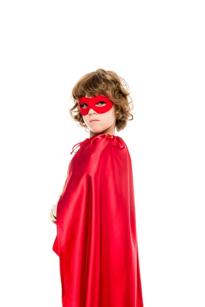 Superheldenjunge mit rotem Umhang — Stockfoto