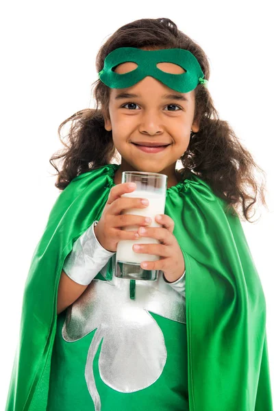 Menina super-herói com copo de leite — Fotografia de Stock