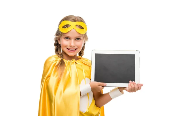 Супердівчина з цифровим планшетом — стокове фото