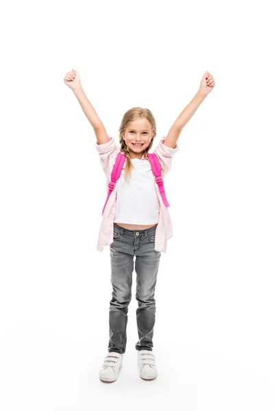 Excited schoolgirl with backpack — Stock Photo