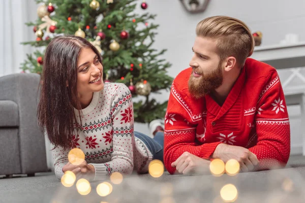 Happy young couple at new year — Stock Photo