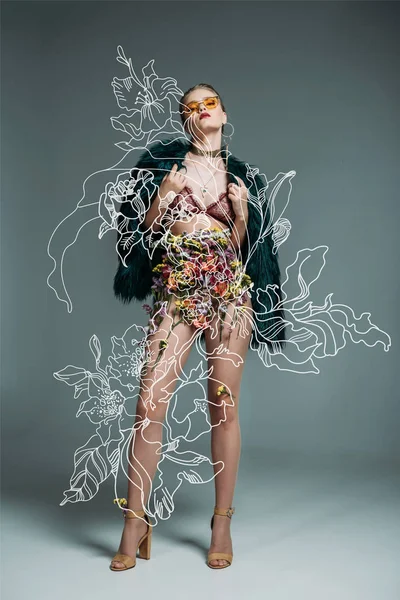 Modelo em saia floral e sutiã de renda — Fotografia de Stock