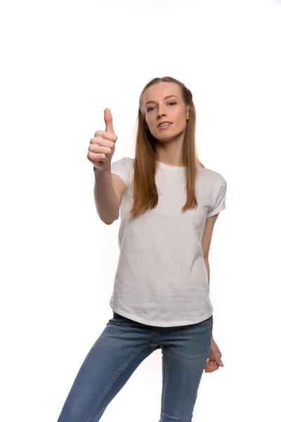 Menina mostrando polegar para cima — Fotografia de Stock