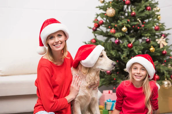Family with dog in Santa hats — Stock Photo