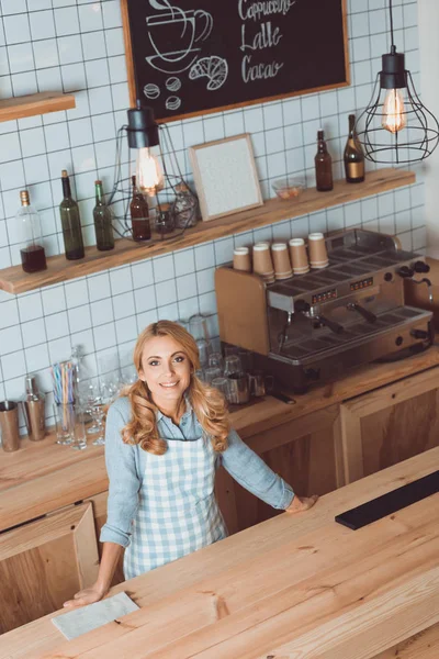 Hermoso dueño de la cafetería en delantal - foto de stock