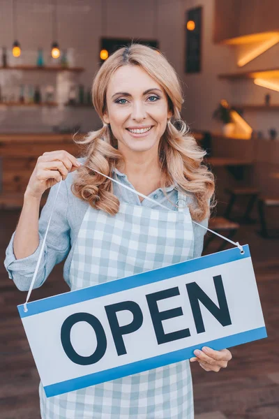 Waitress with sign open — Stock Photo