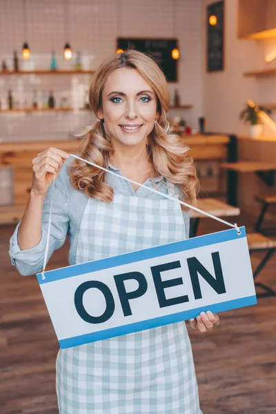 Waitress with sign open — Stock Photo
