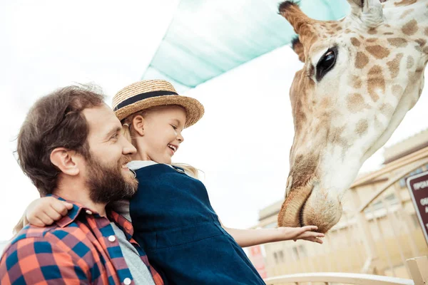 Family feeding giraffe in zoo — Stock Photo