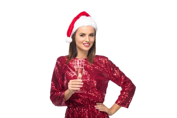 Mujer en sombrero de santa con champán - foto de stock