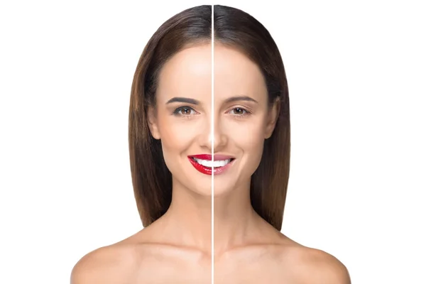 Fille avant et après maquillage — Photo de stock