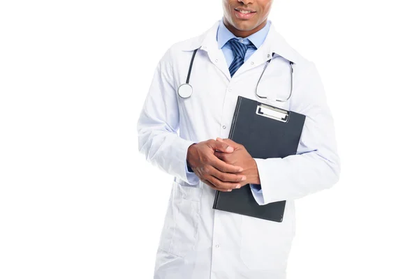Doctor with stethoscope and diagnosis — Stock Photo