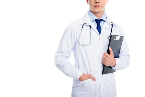 Doctor with stethoscope and diagnosis — Stock Photo