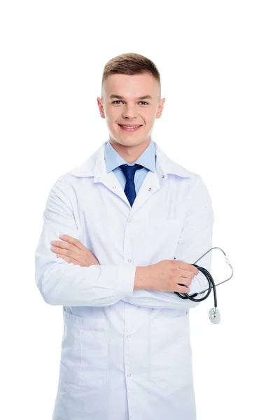 Medico in mantello bianco con stetoscopio — Foto stock