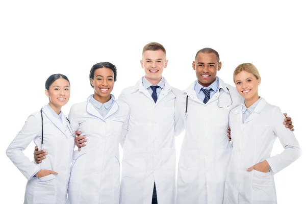 Hugging doctors in white coats — Stock Photo