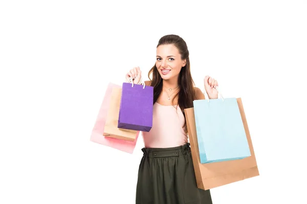 Mulher sorridente com sacos de compras — Fotografia de Stock