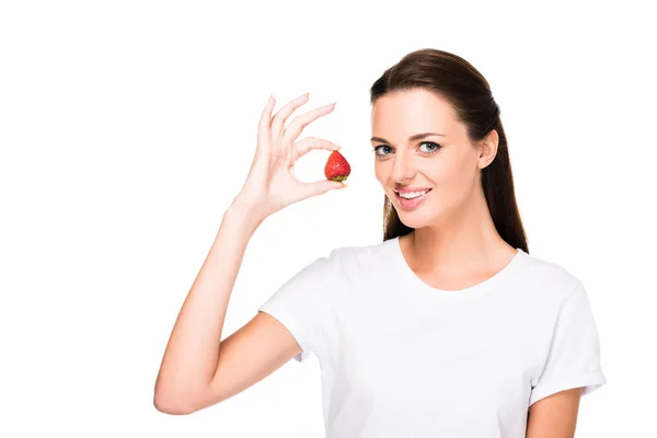 Woman with fresh strawberry — Stock Photo