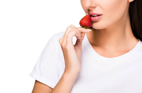 Woman with fresh strawberry — Stock Photo