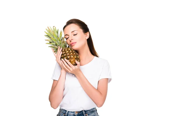 Woman with fresh pineapple — Stock Photo