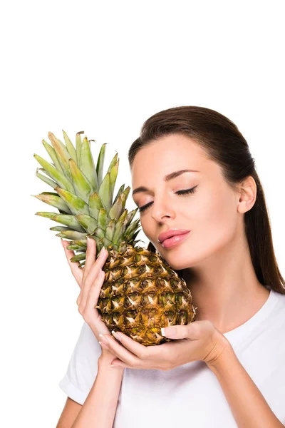 Woman with fresh pineapple — Stock Photo