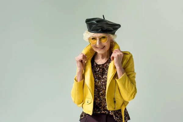 Senior lady in leather beret — Stock Photo