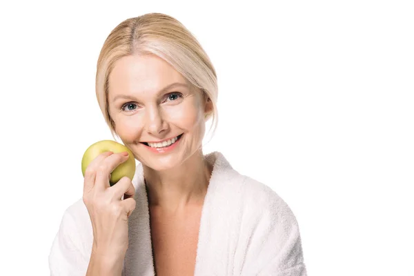 Зріла жінка з зеленим яблуком — стокове фото