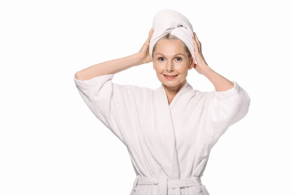 Middle aged woman in bath robe — Stock Photo