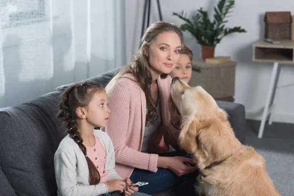 Madre seduta con bambini e cane — Foto stock