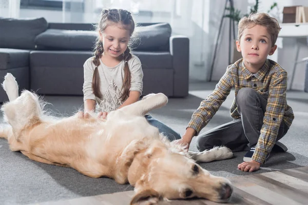 Niños acariciando perro - foto de stock