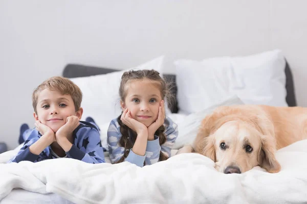 Niños acostados en la cama con el perro - foto de stock