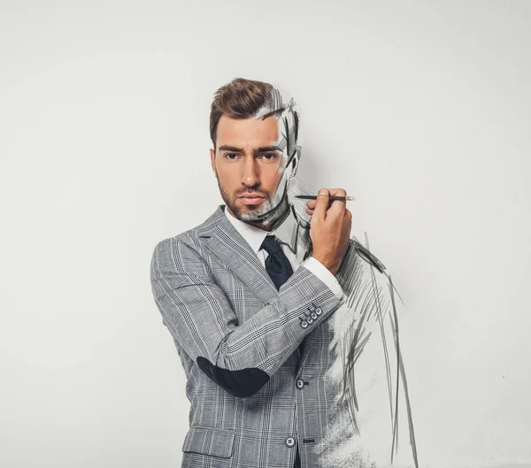 Homem de negócios desenhando-se com lápis — Fotografia de Stock