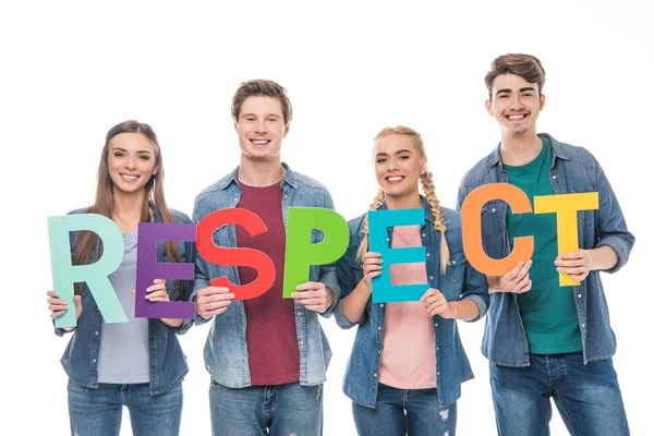 Amigos sosteniendo palabra respeto - foto de stock
